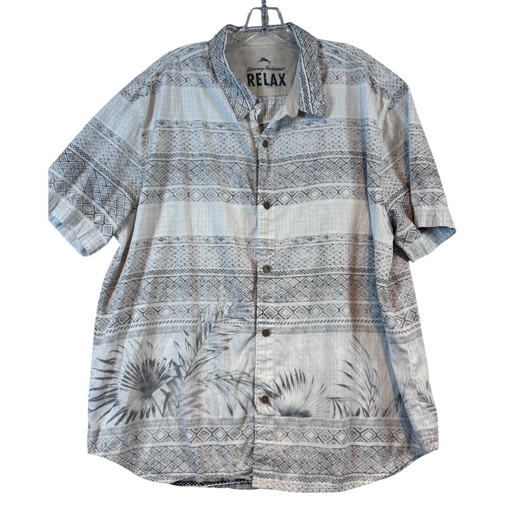 Tommy‎ Bahama Relax Mens XXL Grey White Tropical Geometric Tencel Cotton Shirt